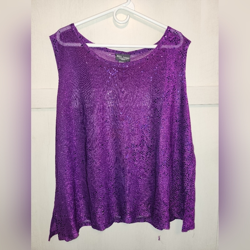 Preowned Notions size 3X purple sleeveless nylon party blouse‎ with sequins